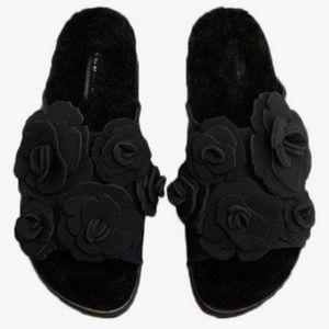 ZARA Black Faux Fur Floral Slides Size 10 trendy